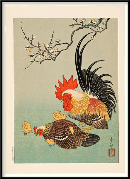 Affiche Rooster with Hen and Chicks