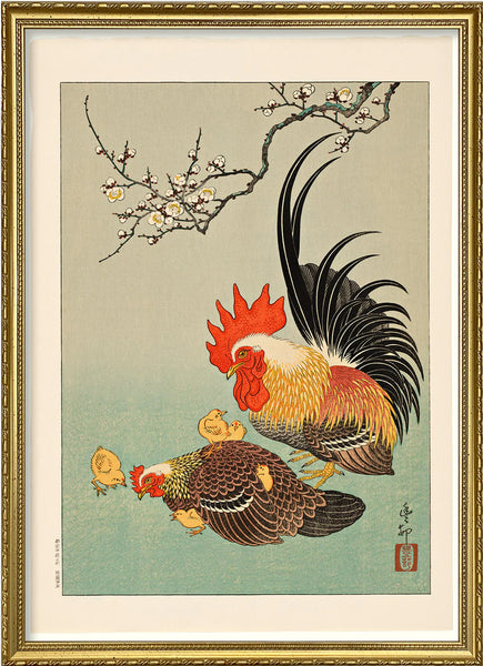 Affiche Rooster with Hen and Chicks