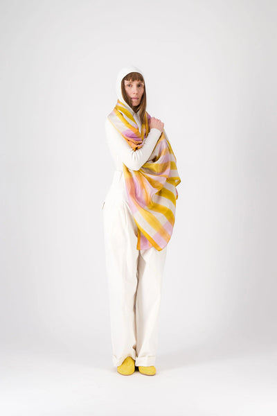Grand Foulard Soie RAYURES - Anis/Lilac