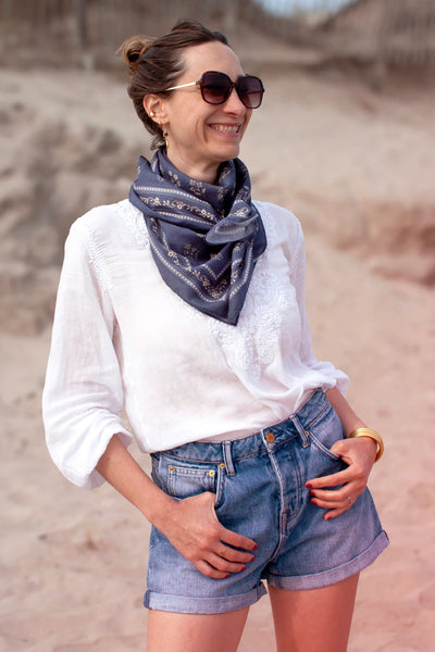 Grand Carré Coton Fleurs Indiennes Bleu