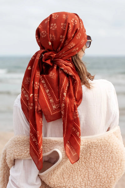 Grand Carré Coton Fleurs Indiennes Brique