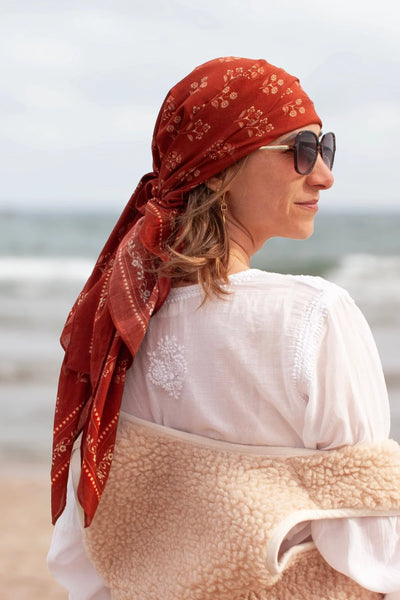 Grand Carré Coton Fleurs Indiennes Brique