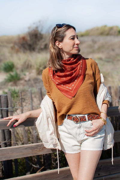 Grand Carré Coton Fleurs Indiennes Brique