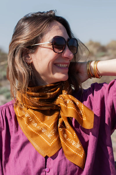 Grand Carré Coton Fleurs Indiennes Safran