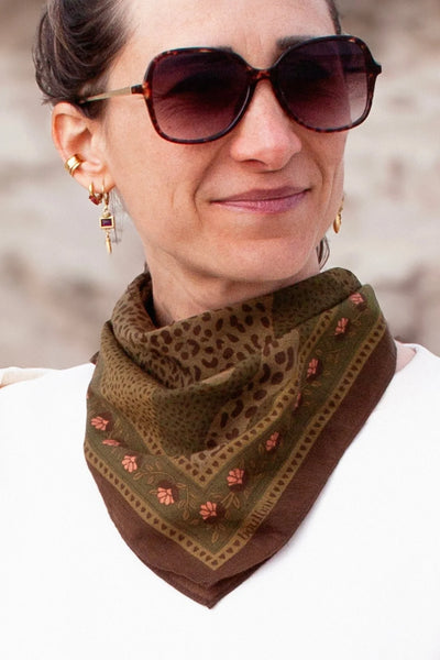 Petit Foulard Coton Léopards Kaki