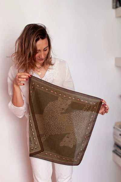 Petit Foulard Coton Léopards Kaki