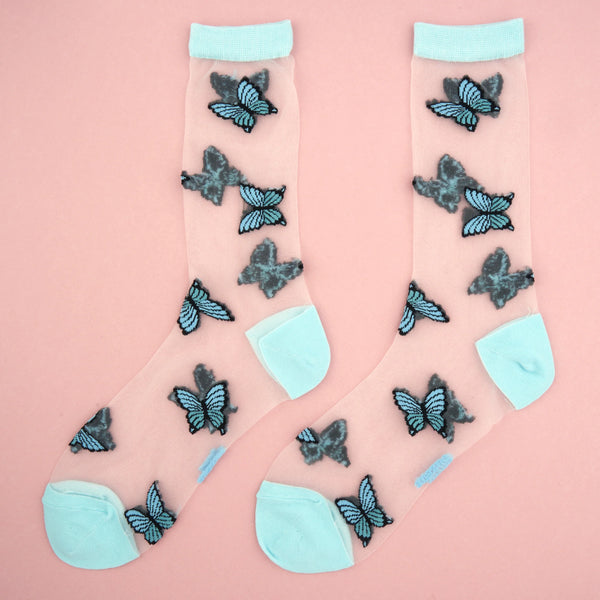 Chaussettes Transparentes Papillon Bleu