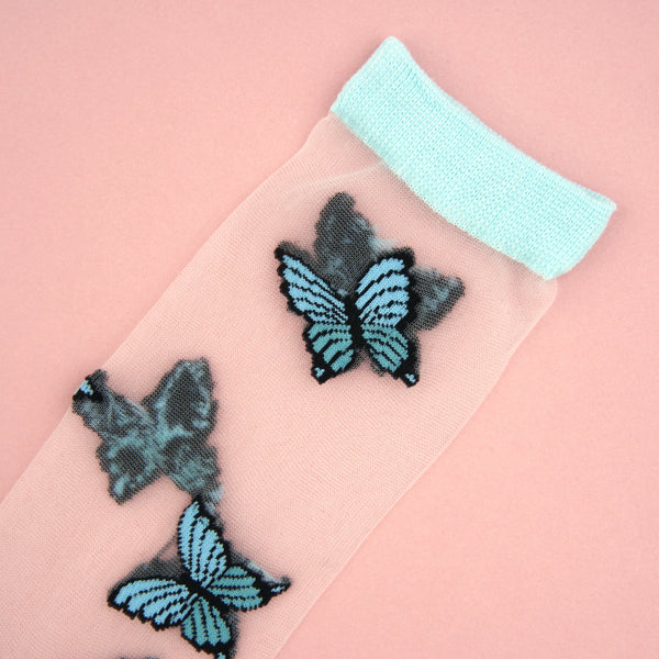 Chaussettes Transparentes Papillon Bleu